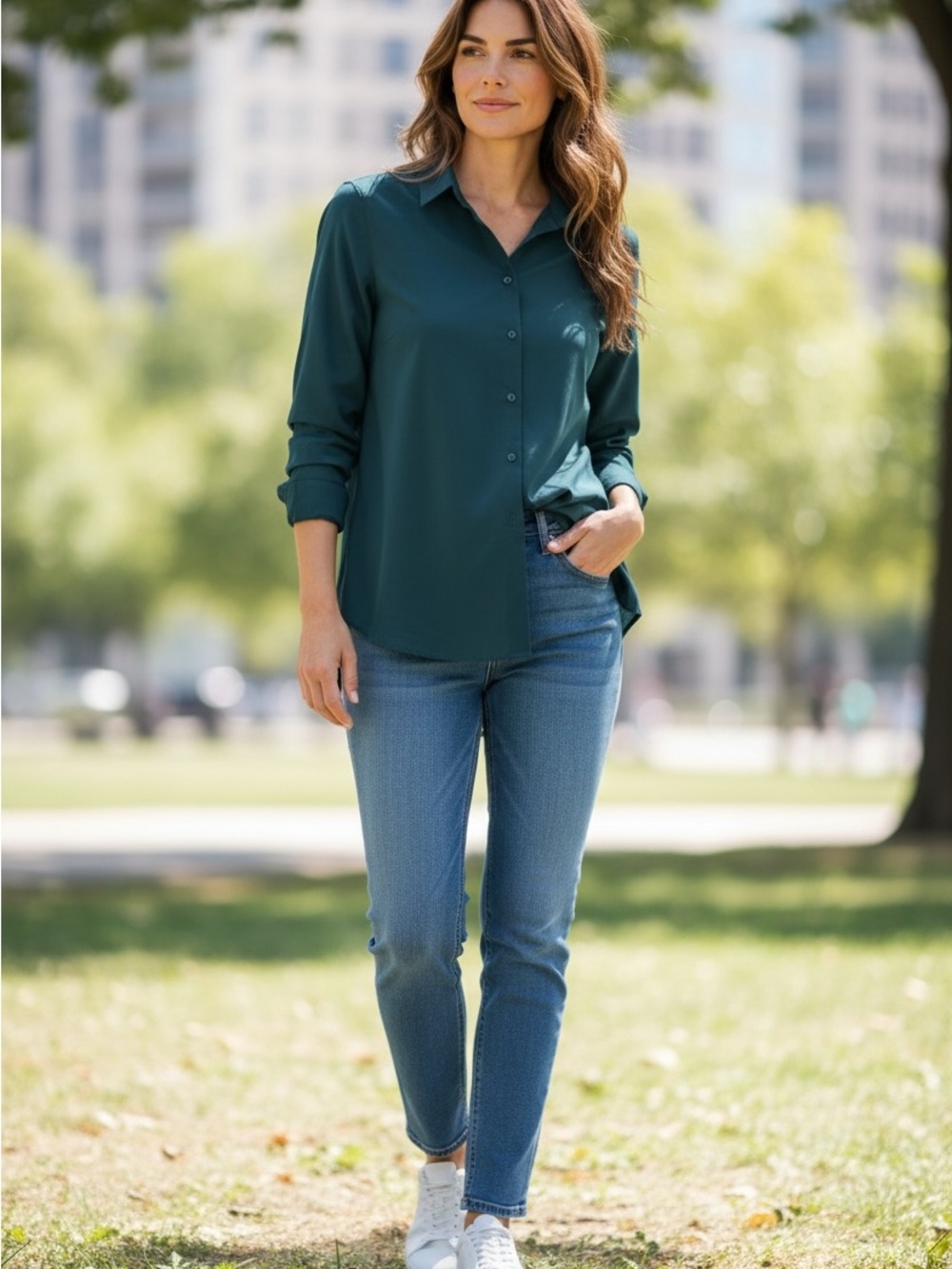 Uniqlo Teal Button-Up Long Sleeve Blouse 75% Rayon